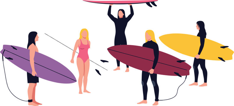 Group of diverse surfers standing on the beach with colorful surfboards, capturing a modern, active summer lifestyle, ocean sports, and travel adventure concepts in flat graphic illustration style.