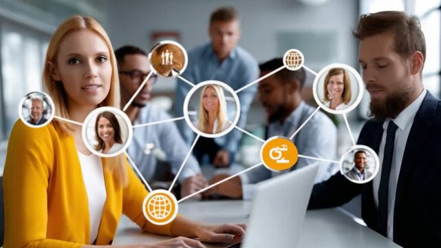 Business Connection Network: Colleagues in a modern office collaborate on a project while showcasing the interconnectedness of their network. The central theme emphasizes teamwork, communication.