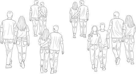Hand-drawn line art illustration depicting various couples and groups of people walking away, suitable for urban crowds, dating, relationship concepts, social interaction, and street scene backgrounds