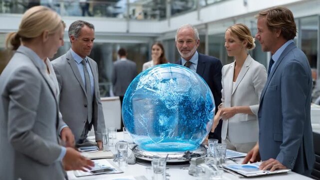 Global Vision in Corporate Conclave: A cadre of business leaders gathers around a luminous globe, envisioning international expansion and collaborative strategies in a modern office environment. 
