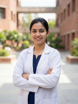 young indian female medical student standing with arms crossed and confident smile representing healthcare education and future doctor concept
