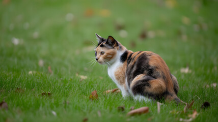 Calico cat crouches low in green grass ready to pounce with focused gaze and alert ears extended forward