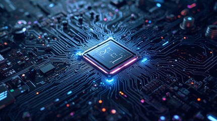 A futuristic system core impuls depiction, featuring a mesmerizing array of circuits, wires, and microchips, with a dominant color scheme of metallic blues and silvers, set against a dark gradient