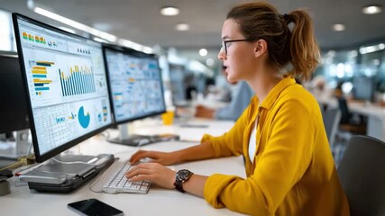 Data Analyst at Work: A focused data analyst, immersed in the digital realm, meticulously studies dynamic graphs and charts on multiple computer screens, deciphering complex datasets for insights. - Powered by Adobe