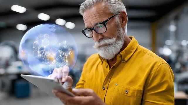 Digital Globe Visualization: A wise elderly person, immersed in a futuristic interface, contemplates a digital globe.