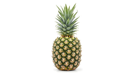Fototapeta premium A single whole ripe pineapple with a green leafy crown standing upright against a plain white background.