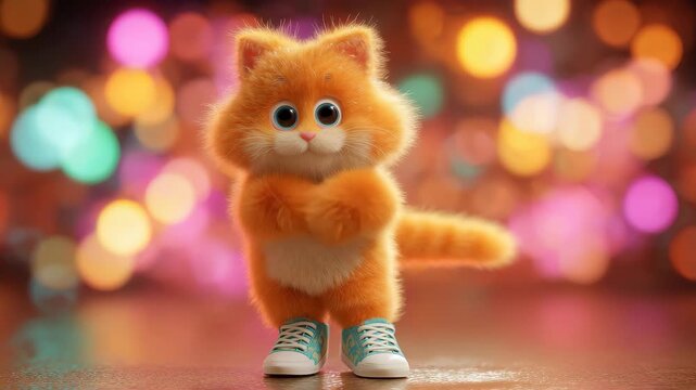 Cute orange fluffy cat character dancing joyfully with colorful background and bright lights at night