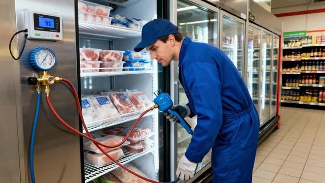 Expert conducting refrigerant topup on a retail freezer unit supporting reliable temperature control and customer satisfaction.