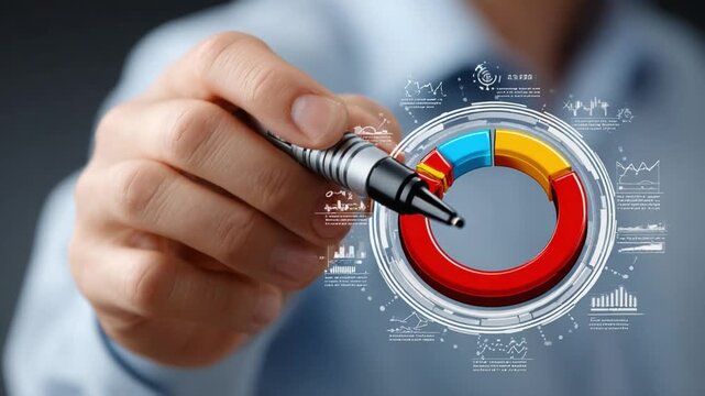 Analyzing the Data: A close-up shot of a hand meticulously detailing a vibrant pie chart. The chart&rsquo;s segmented design, with distinct colored sections, is under scrutiny as the hand holds a pen. 