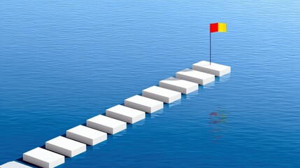 A series of white steps ascend across a calm blue ocean towards a red and yellow flag planted on the final step. The scene is illuminated by bright sunlight, ca