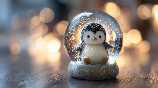 This charming Christmas-themed image features an adorable baby penguin figurine enclosed inside a delicate snow globe, surrounded by softly falling snowflakes. Set against a warm, golden bokeh