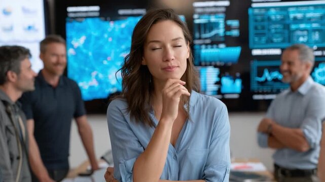 Thoughtful Leader in Meeting: A contemplative leader, surrounded by her supportive team, finds clarity amidst a tech-filled setting, contemplating success and new possibilities