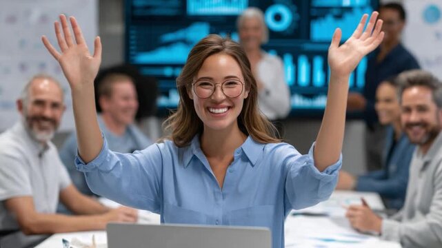 Business Woman Celebrating Success: A radiant woman, arms raised in elation, leading a diverse team in a corporate setting, with data visualizations in the background.
