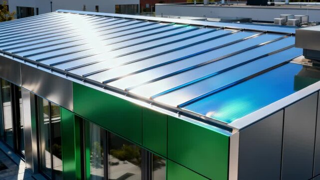 Anodized metal roofing captured in a medium shot displaying a sleek durable finish with vibrant hues that contribute to temperature regulation in contemporary architecture