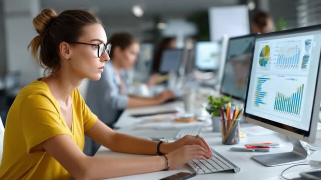 Focused Data Analyst at Work: A woman in spectacles and a yellow shirt engrossed in data analysis, illuminated by the glow of her computer screen in a modern office, signifying focused work.