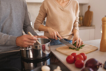 Two people are collaborating in a cozy kitchen. One is stirring a pot while the other is chopping fresh vegetables on a cutting board. Red tomatoes and herbs are nearby.