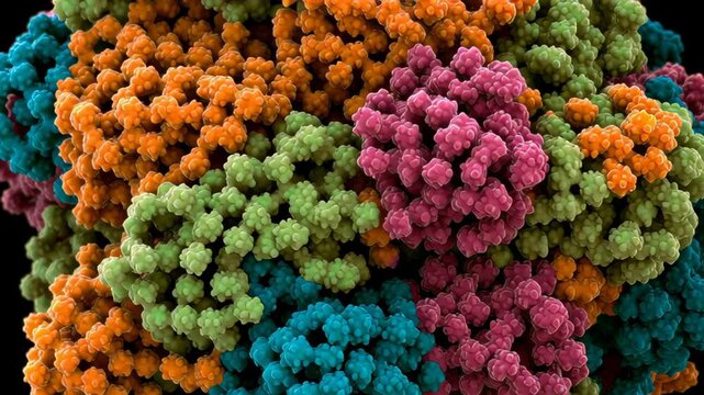 A colorful, multi-colored blob of material. The colors are pink, green, and blue. Close-up antibody cluster engaging only relevant antigen surfaces, high clinical fidelity, monoclonal antibody therapy