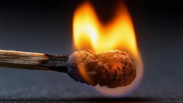 Close-up view of a burning matchstick with vibrant flames and glowing embers, perfect for fire-related themes.