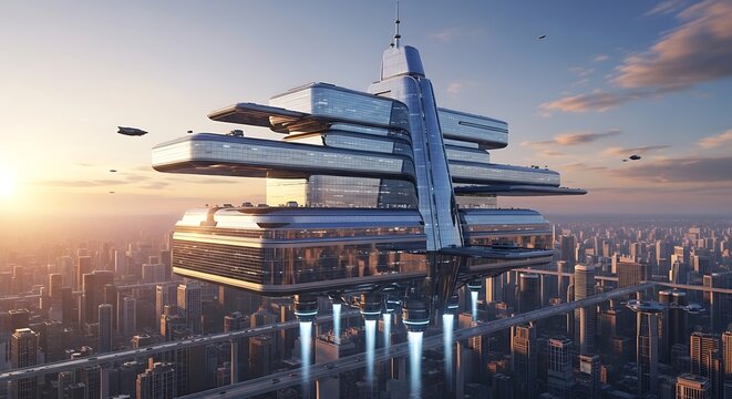 Futuristic Skyscraper Dominating a Megalopolis at Sunrise.
