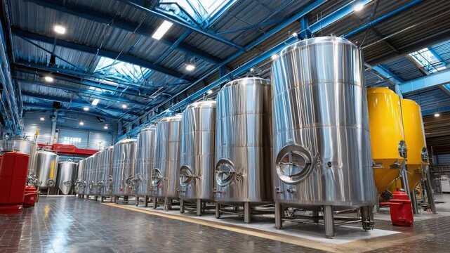 Industrial Precision: A row of towering stainless steel tanks stands in perfect alignment within a modern industrial facility. Capturing the essence of innovation and efficiency.