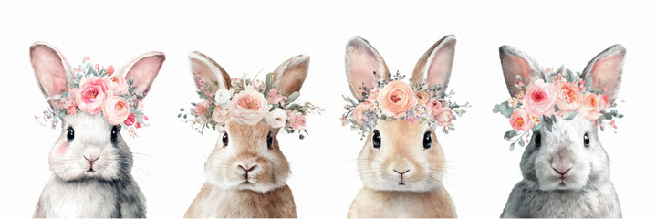 Naklejka premium Spring bunny watercolor set with floral wreath and flowers. Adorable rabbit illustration ideal for Easter greeting cards, children's room art, or festive celebration projects.
