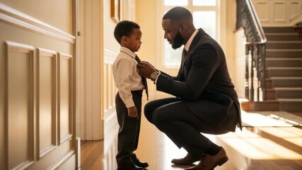 A father is adjusting his son's tie while preparing for a special event in a bright, stylish home