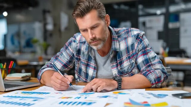 Focused Design: A seasoned designer immersed in the intricate process of planning and sketching. Focused on bringing an idea to life.