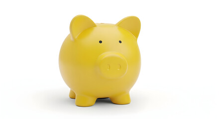 A bright yellow ceramic piggy bank standing isolated on a clean white background, symbolizing savings and finance.