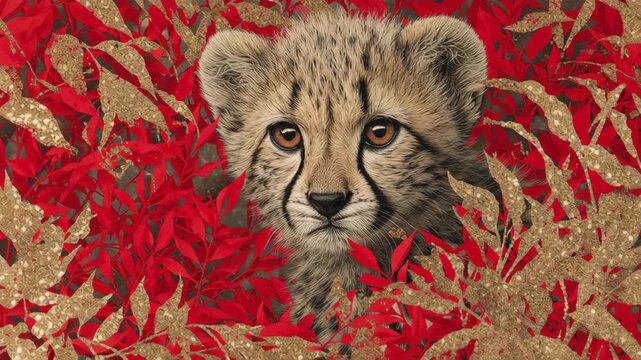 A baby cheetah is hiding in the red leaves. The cheetah is looking at the camera. Cheetah cub surrounded by red, white, and gold palette