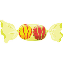Yellow Transparent Wrapper Holding Two Round Candies One Red With Green Stripes And One Yellow With Red Stripes