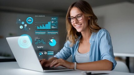 Digital Dawn: A smiling woman, immersed in her work, interfaces with vibrant digital charts and graphs on her laptop, symbolizing the fusion of technology and the modern workspace. - Powered by Adobe