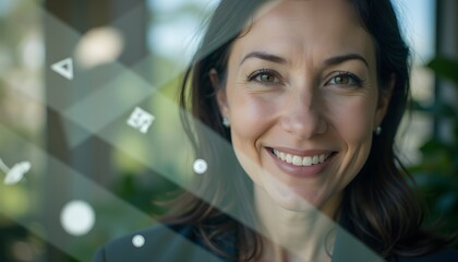 Professional woman smiling engagingly with abstract shapes and greenery in background