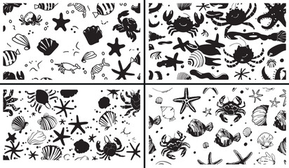 Sea life illustration, marine animal vector, ocean pattern design, starfish and shell clipart, underwater creature artwork, coral reef drawing, aquatic design vector, hand drawn sea elements, beach an