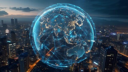 Stunning digital globe visualization showcasing interconnected cities and networks at night - Powered by Adobe