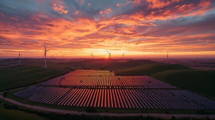 A vast solar farm stretches across the foreground at sunset, with rows of gleaming photovoltaic panels, while wind turbines stand tall in the background, set against lush green hills