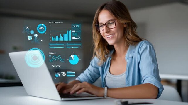Digital Dawn: A smiling woman, immersed in her work, interfaces with vibrant digital charts and graphs on her laptop, symbolizing the fusion of technology and the modern workspace.