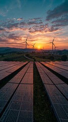 Vertical banner, wallpaper for social media of vast solar farm stretches across the foreground at sunset, with rows of gleaming photovoltaic panels, while wind turbines stand tall in the background