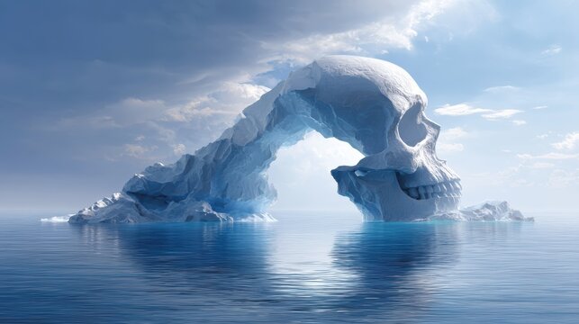 A surreal ice sculpture resembling a skull emerges from calm waters under a bright sky, blending nature and artistry in a striking visual contrast.