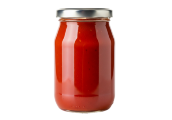 A clear glass jar filled with vibrant red tomato sauce on a transparent background, perfect for food and recipe content
