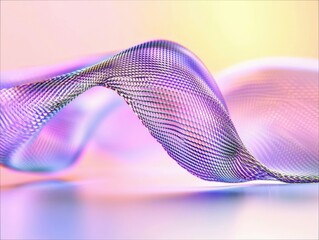 A close-up abstract shot of a wavy, iridescent metallic mesh fabric with soft pastel lighting, creating a dreamy and ethereal atmosphere.