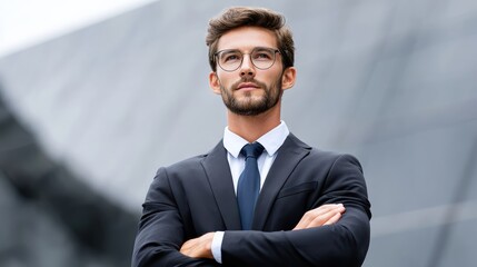 A confident young man in a suit stands with arms crossed, gazing thoughtfully, set against a modern architectural backdrop.