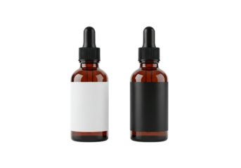Two amber glass dropper bottles with blank labels on a transparent background