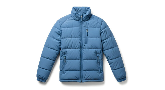 A light blue men's puffer jacket with a zipper and pockets, displayed flat on a white background.