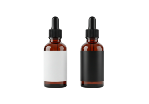 Two amber glass dropper bottles with blank labels on a transparent background