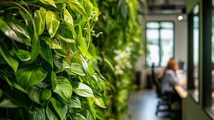 Lush indoor plant wall enhancing workplace atmosphere for a refreshing and productive environment