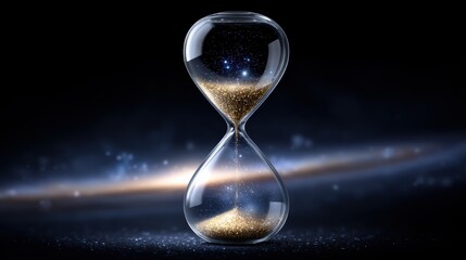 An elegant hourglass filled with shimmering golden sand, set against a cosmic backdrop, symbolizing the passage of time and the universe's beauty.