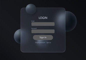 Dark login screen with frosted glass panel and floating spheres, suitable for digital user interface or web applications.