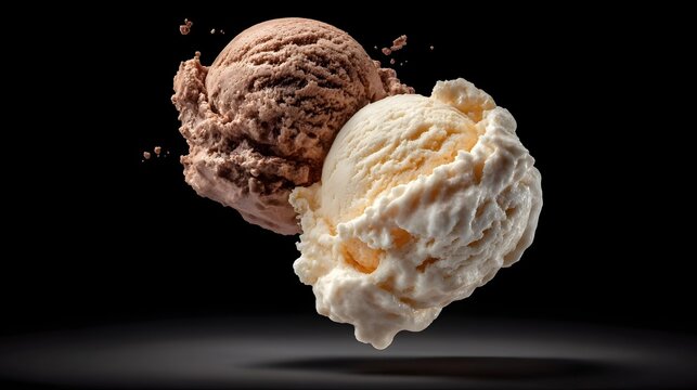 Two scoops of chocolate and vanilla ice cream floating against a black background