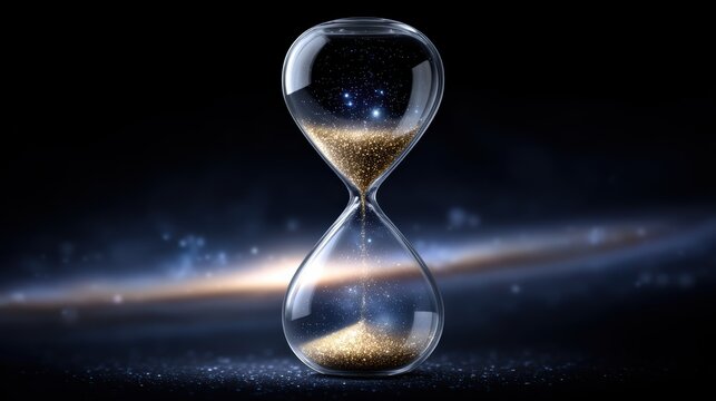 An elegant hourglass filled with shimmering golden sand, set against a cosmic backdrop, symbolizing the passage of time and the universe's beauty. - Powered by Adobe