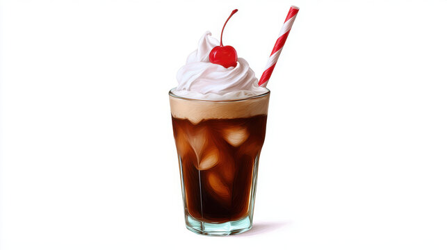 Iced coffee with whipped cream and cherry topping in glass with striped straw, refreshing cold drink